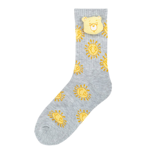 Adult crew sock in heather gray with yellow Care Bear and sun pattern