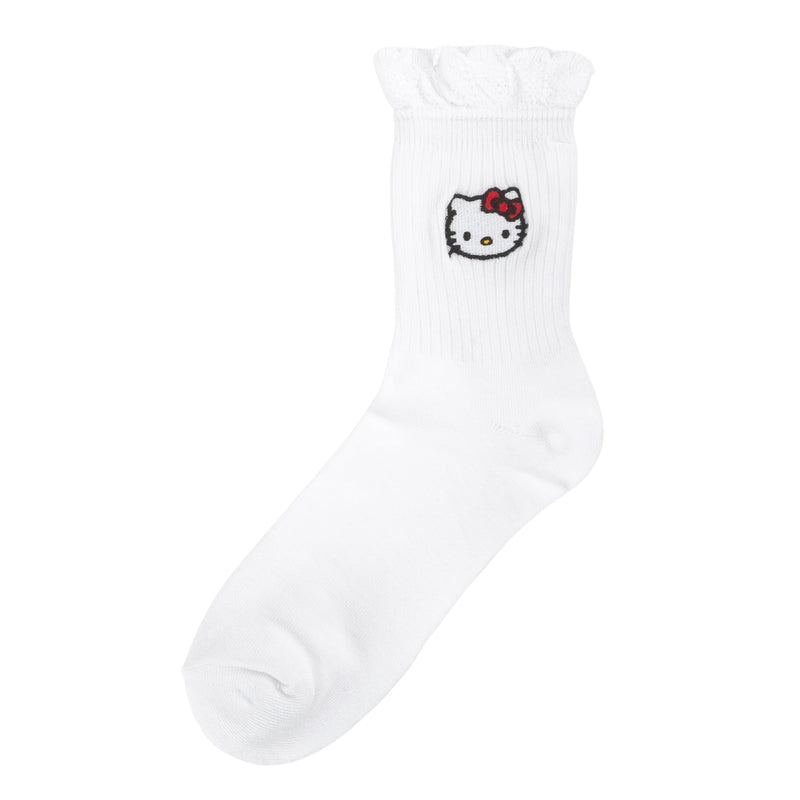 Adult white mid-crew socks with Hello Kitty face graphic on ankle