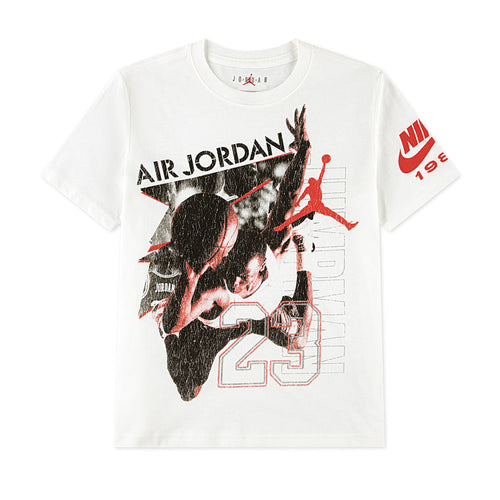 Youth white graphic t-shirt with Air Jordan 23 and red NIKE 19 sleeve print