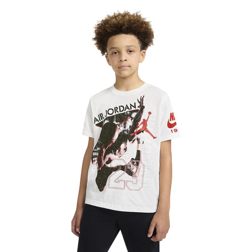 Youth white graphic t-shirt with Air Jordan 23 front print and red NIKE 19 sleeve