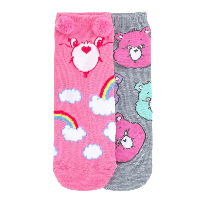 2-pack adult no-show socks, pink and grey with Care Bear faces, hearts, clouds, rainbows