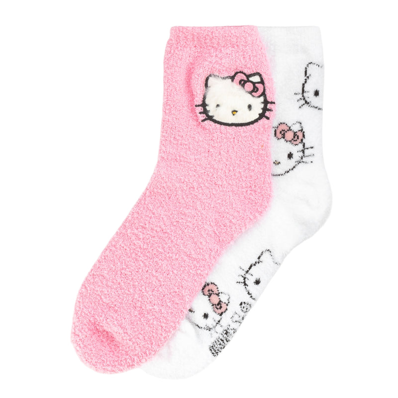 2-pack adult crew socks, pink and white, Hello Kitty face and bow graphics