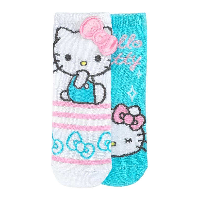 2-pack adult no-show socks, Hello Kitty graphic, white/blue with pink bow detail