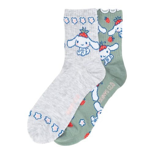 2-pack mid-crew socks with lettuce-edge cuffs, Cinnamoroll prints, grey and green