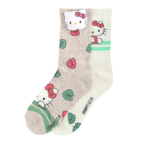 Ribbed crew socks with Hello Kitty print, beige with green and pink accents