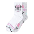 2-pack ribbed mid-crew Minnie Mouse socks, white and gray with pink and rainbow trim