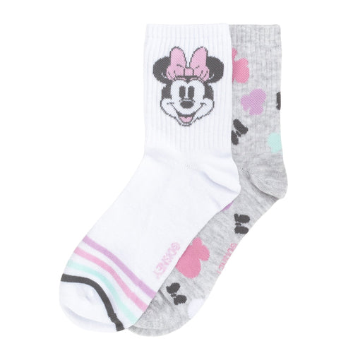 2-pack ribbed mid-crew Minnie Mouse socks, white and gray with pink and rainbow trim