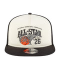 Two-tone trucker cap with white front, black crown, and basketball hoop graphic patch