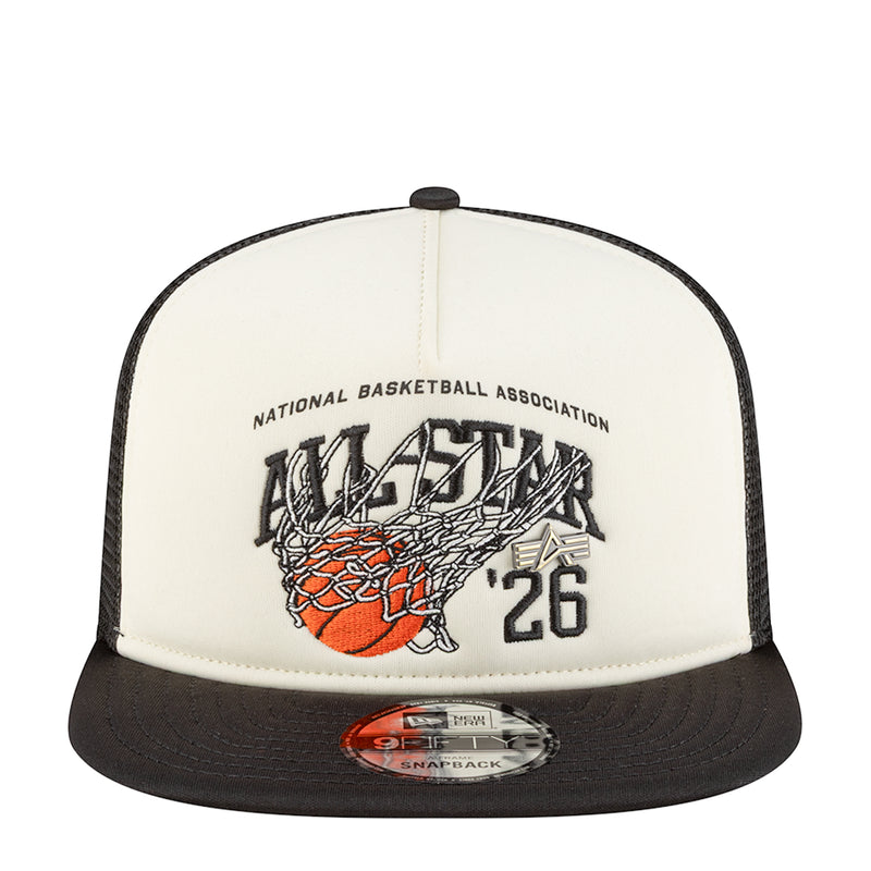 Two-tone trucker cap with white front, black crown, and basketball hoop graphic patch