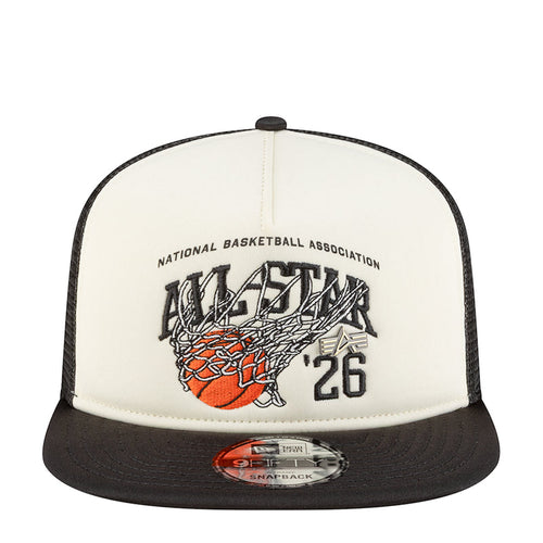 Two-tone trucker cap with white front, black crown, and basketball hoop graphic patch