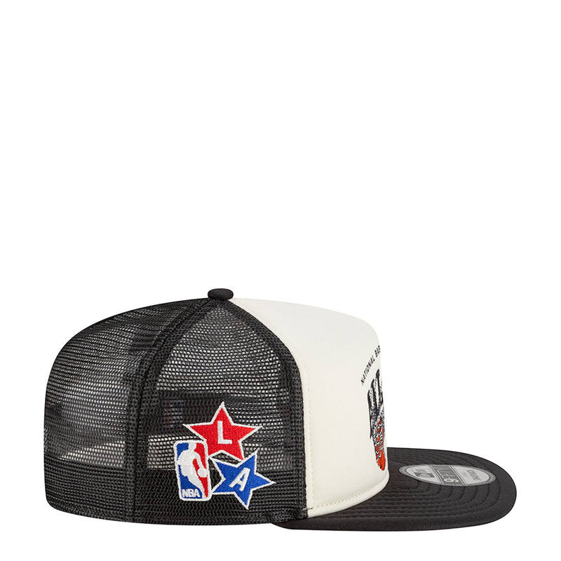 Two-tone mesh trucker cap in black and white with NBA logo front patch