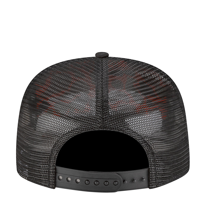 Back view of black mesh trucker cap with adjustable snapback strap
