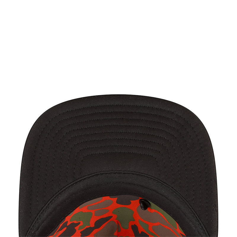 Black mesh trucker cap front close-up with colorful embroidered basketball graphic