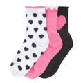 3-pack half crew socks: white with black hearts, pink, and black with pink heart