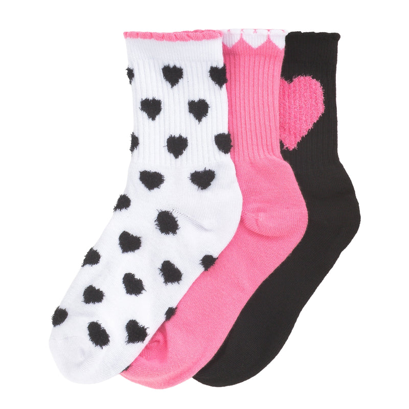 3-pack half-crew socks, x-small: white/black heart pattern, pink, and black heart