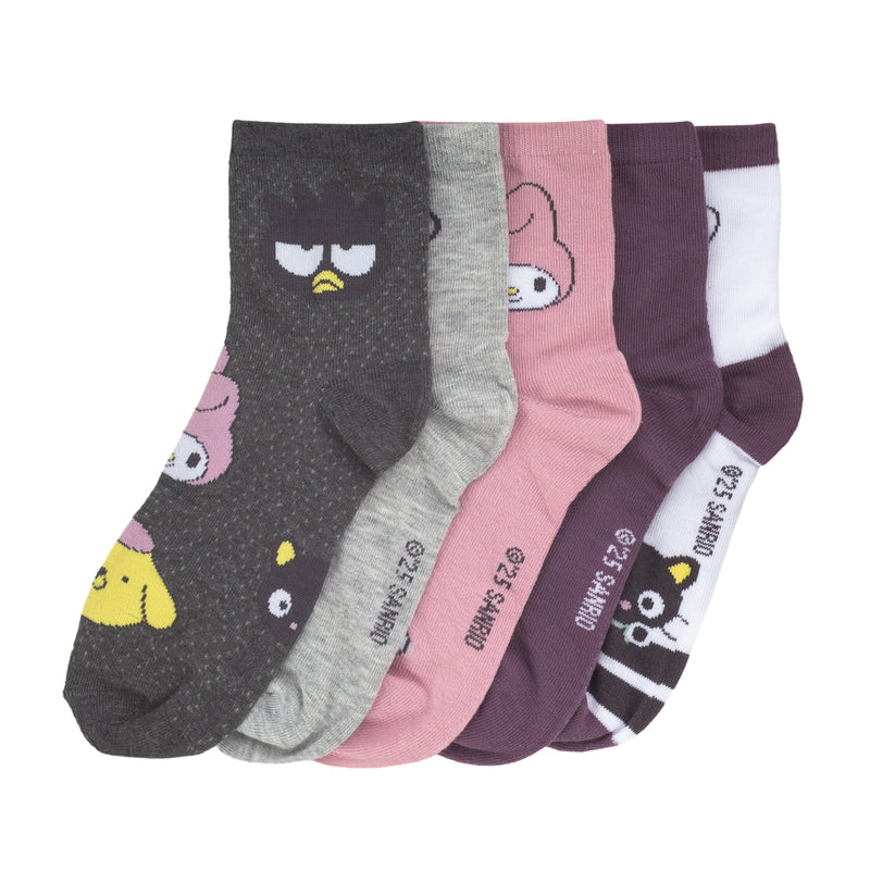 5-pack adult quarter socks with Hello Kitty faces in grey, pink, purple, white