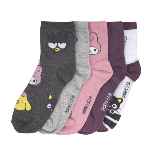 5-pack adult quarter socks with Hello Kitty faces in grey, pink, purple, white