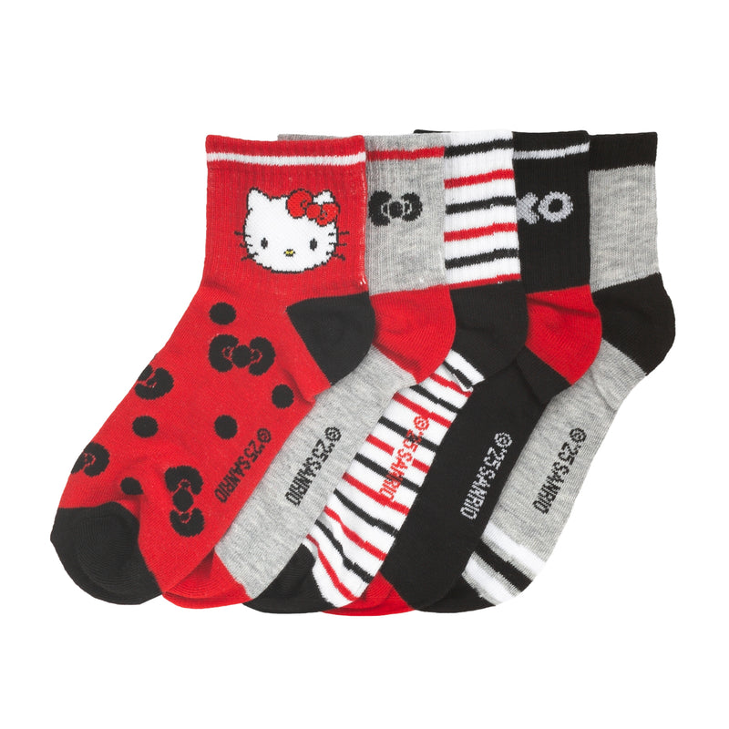 5-pack adult quarter socks by Hello Kitty & Friends, red/grey/black/white mix with character prints