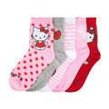 Kids 5-pack half-crew socks with Hello Kitty faces, pink red gray and white stripes