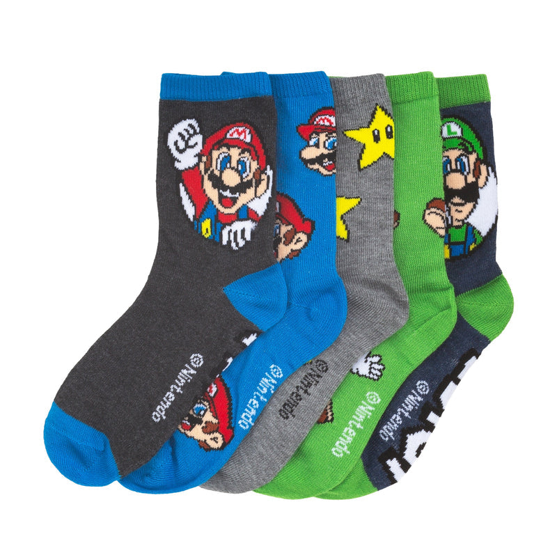 Kids crew socks 5-pack with Mario character faces, blue, grey, and green stripes