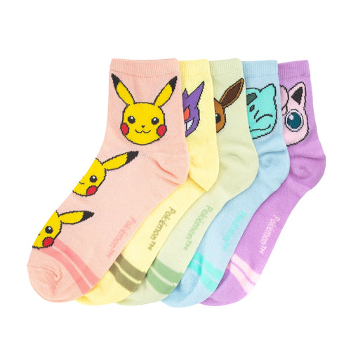 5-pack Pokemon no-show adult socks in pastel colors with character faces