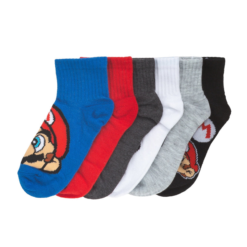 6-pack kids ribbed no-show socks with Mario-style character faces in multi colors