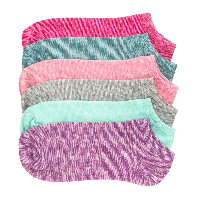 6-pack medium no-show socks, space-dye knit in pink, teal, and gray