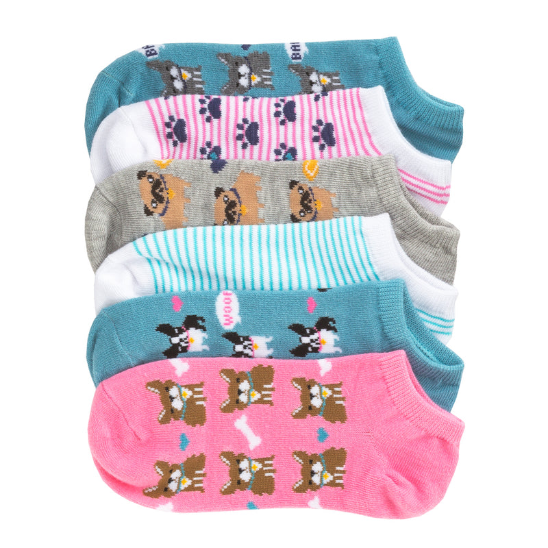 6-pack medium no-show socks in teal, pink, grey, and white with dog patterns and stripes