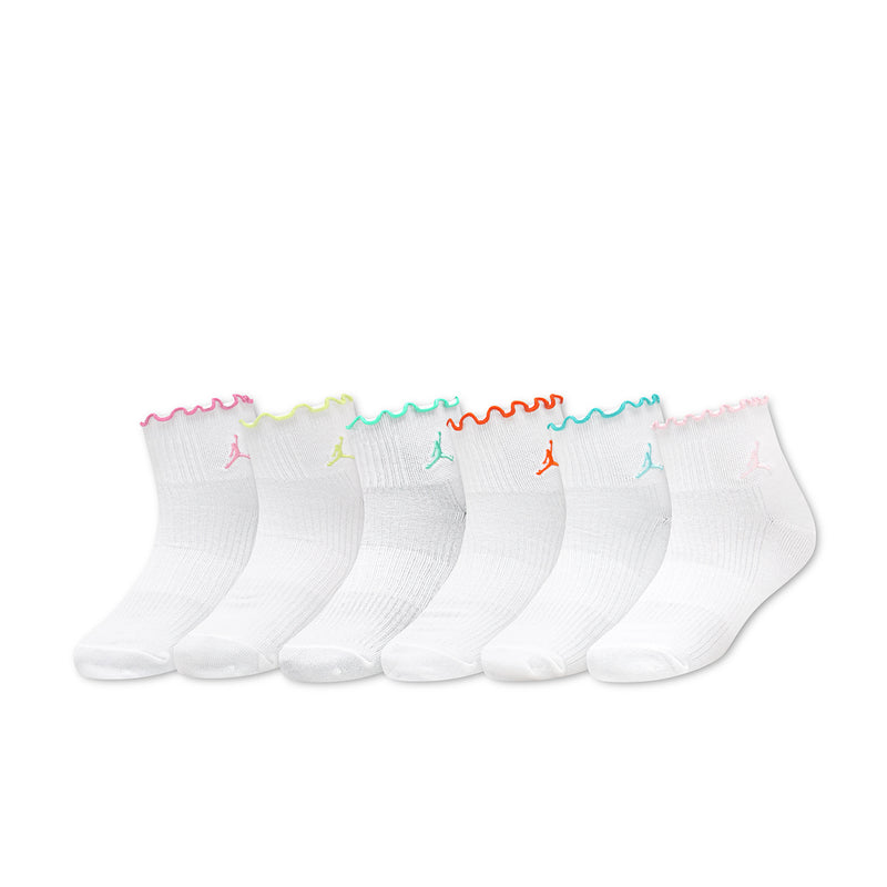 Set of 6 white ankle socks with multicolor lettuce-edge trim and small logo