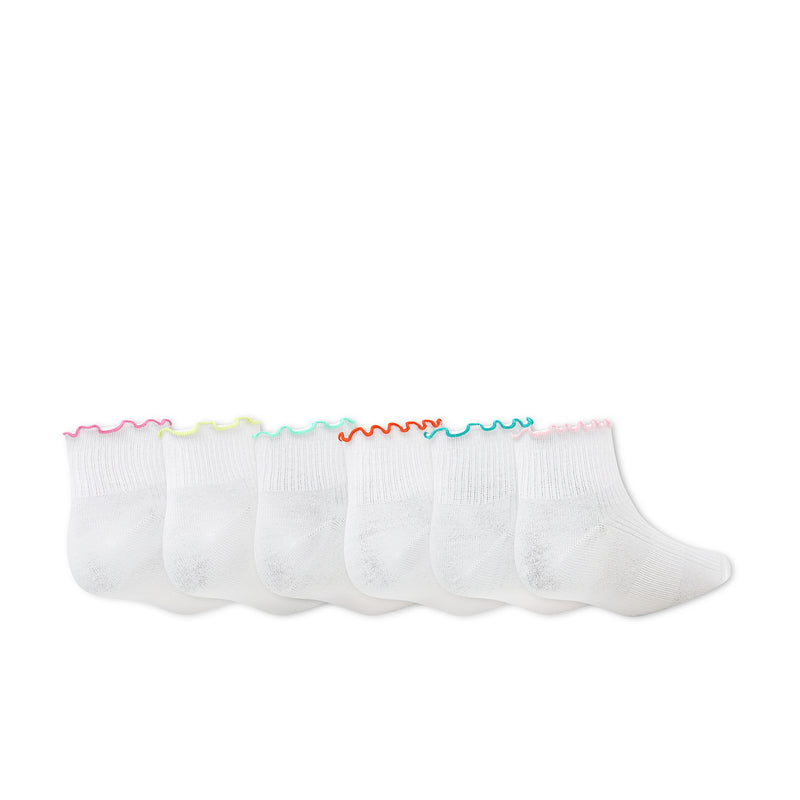 Set of 6 white ankle socks with multicolor lettuce-edge cuffs and small logo