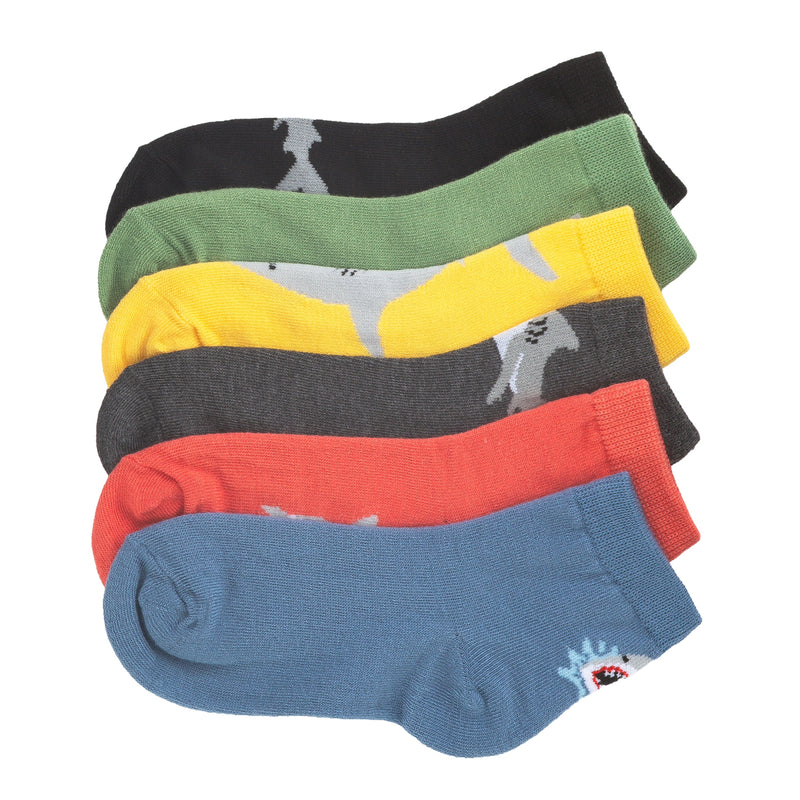 6-pack ankle socks, green yellow red blue with gray shark pattern cuffs