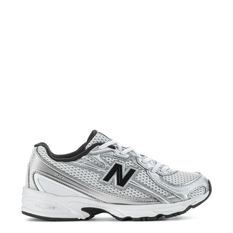 Kids silver metallic lace-up sneakers with black accents and New Balance N logo
