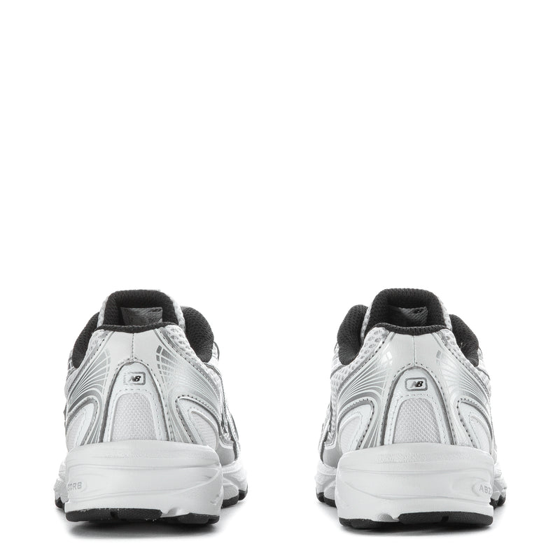 Kids silver metallic sneakers, back view with black collar and cushioned sole
