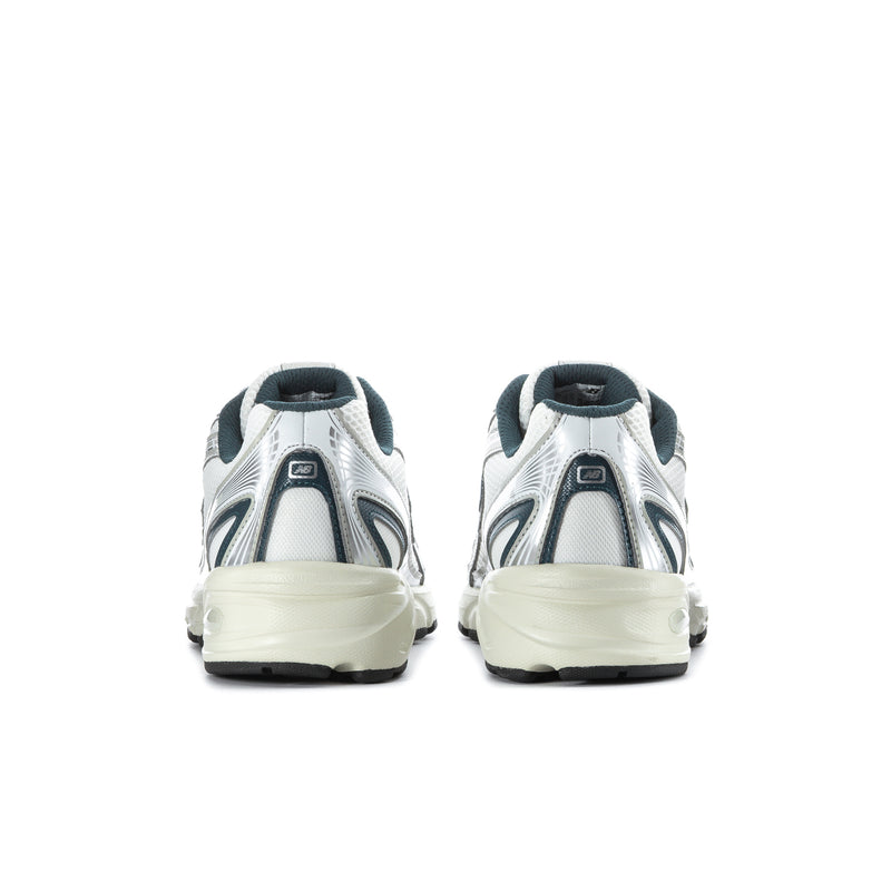 Men's athletic shoes heel view, white metallic uppers with teal lining and cushioned sole