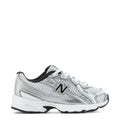 Toddler lace-up running shoes in silver metallic with black heel accents