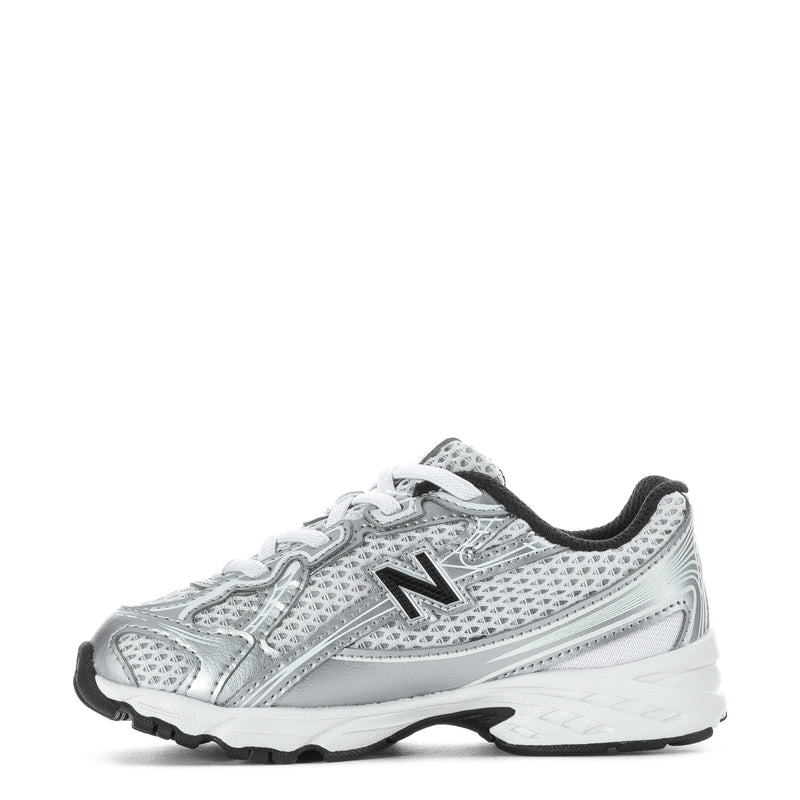 Toddler silver metallic lace-up sneakers with black collar and side N logo