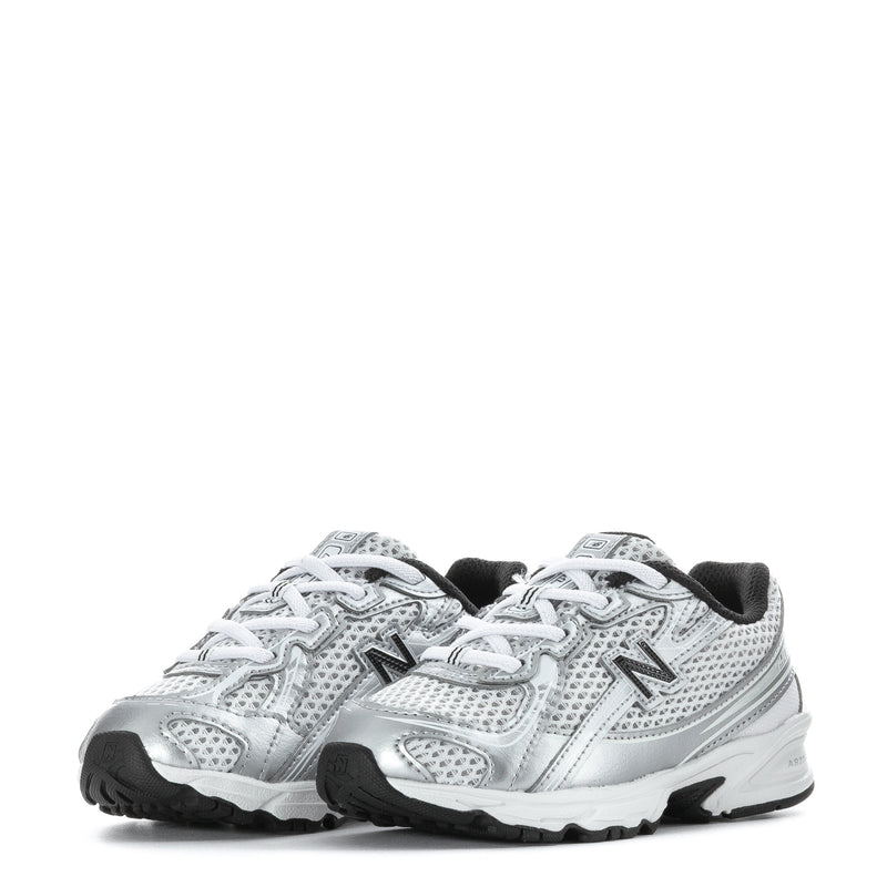 Toddler pair of silver metallic lace-up sneakers with black outsoles