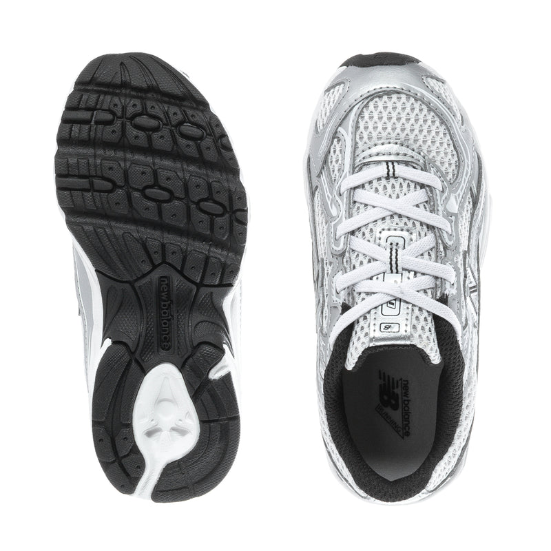 Toddler shoes outsole and inside view; silver upper with black lining