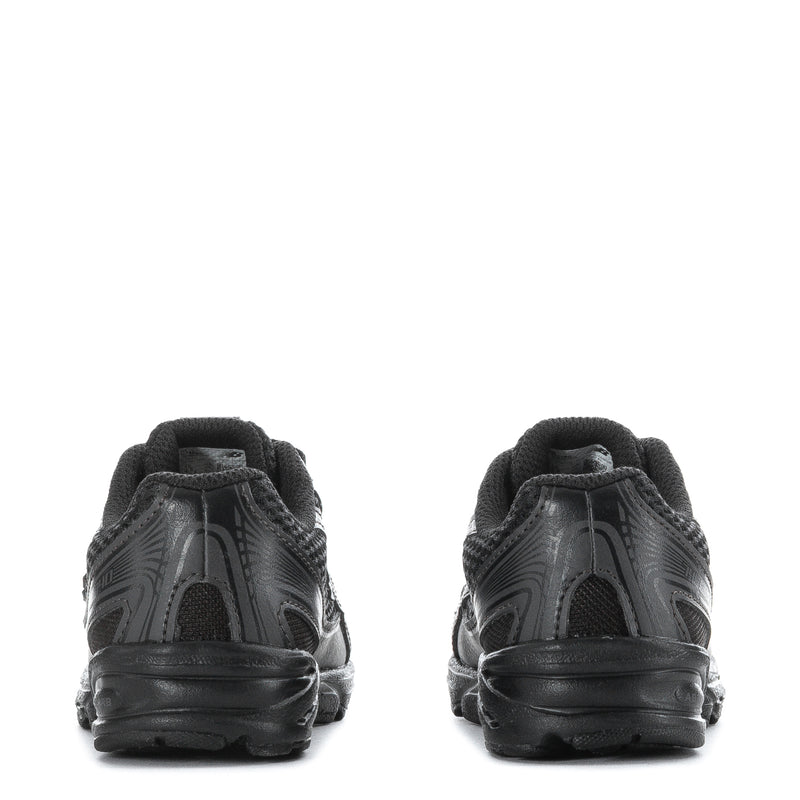 Toddler sneaker back view in black/gray, lace-up with cushioned collar and New Balance