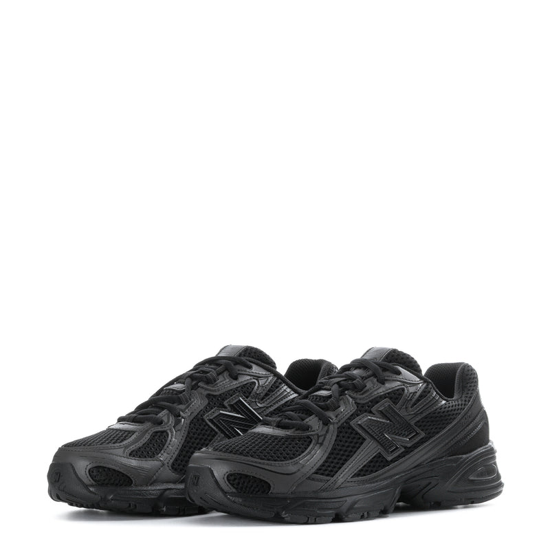 Pair of black and dark gray lace-up running sneakers, side-by-side view