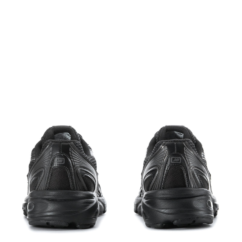 Black and dark gray sneakers, rear view with cushioned heel and lace collar