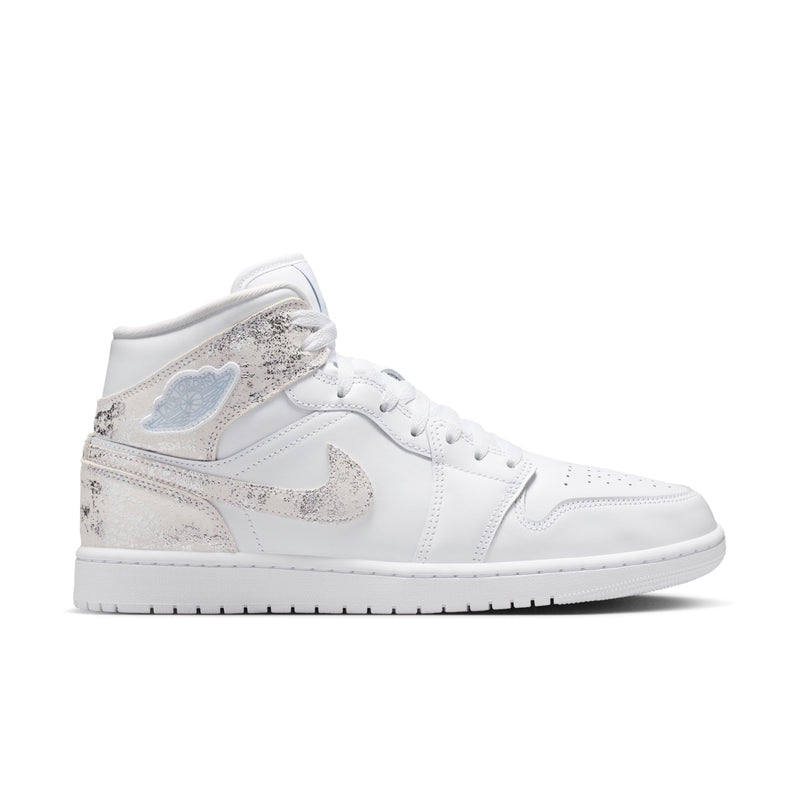 Men's mid-top sneakers in white with speckled panels and light blue accent