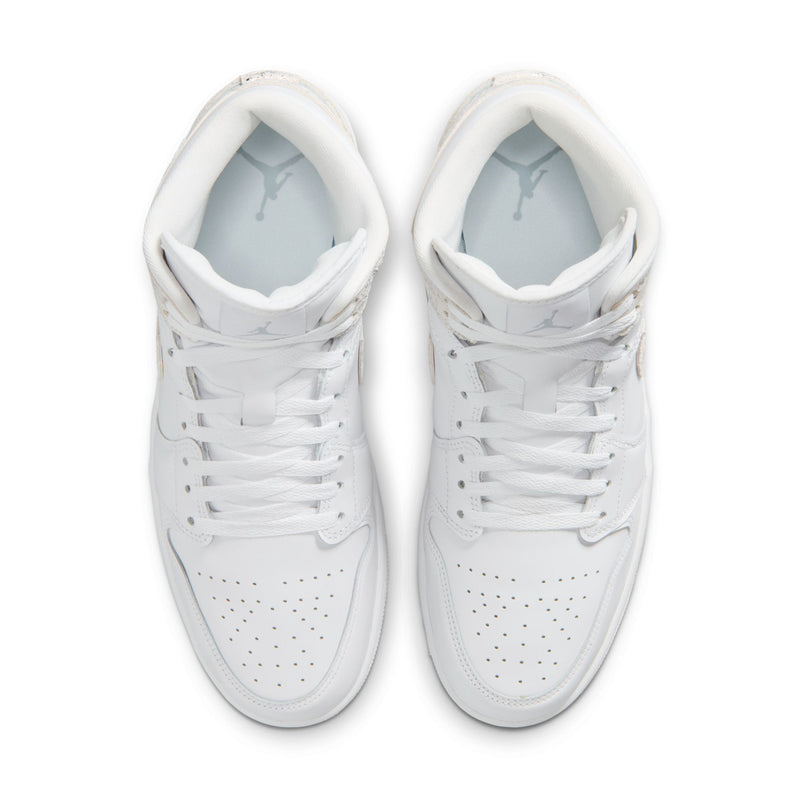 Men's white mid-top sneakers with white laces and breathable light-blue interior