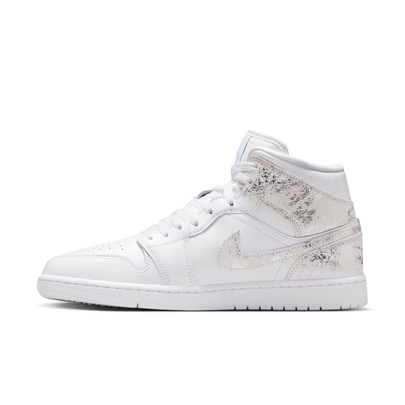 Men's mid-top sneakers, white upper with speckled ankle panel and stitched swoosh
