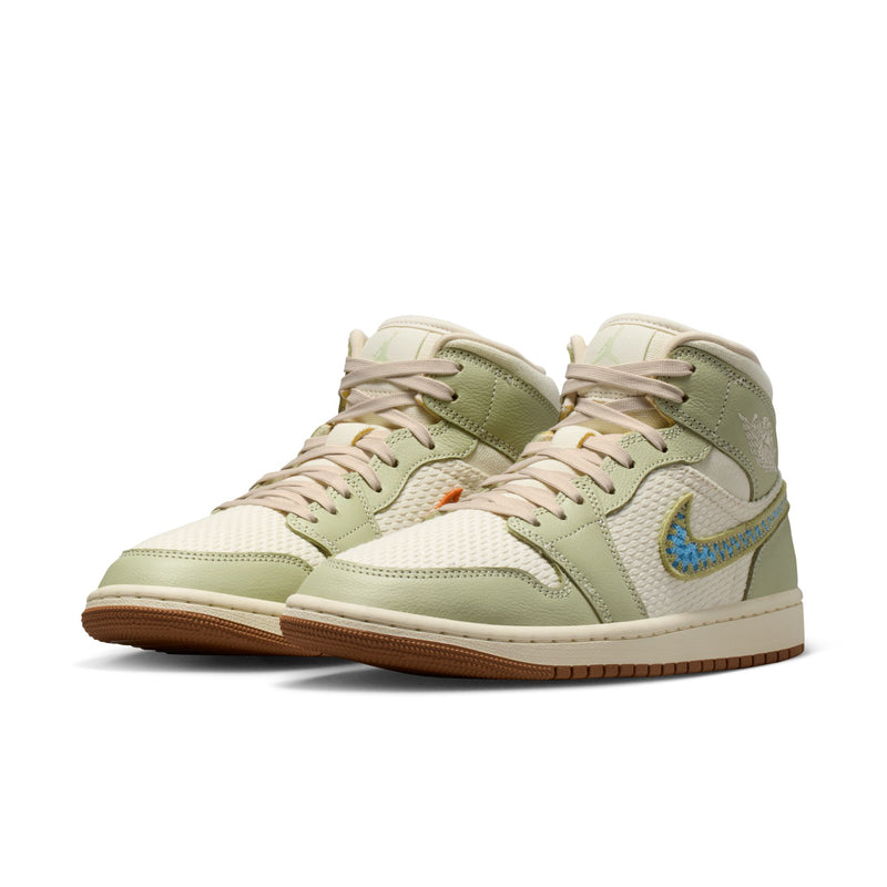 Women’s mid-top sneaker, white and light olive panels with blue Nike swoosh and laces