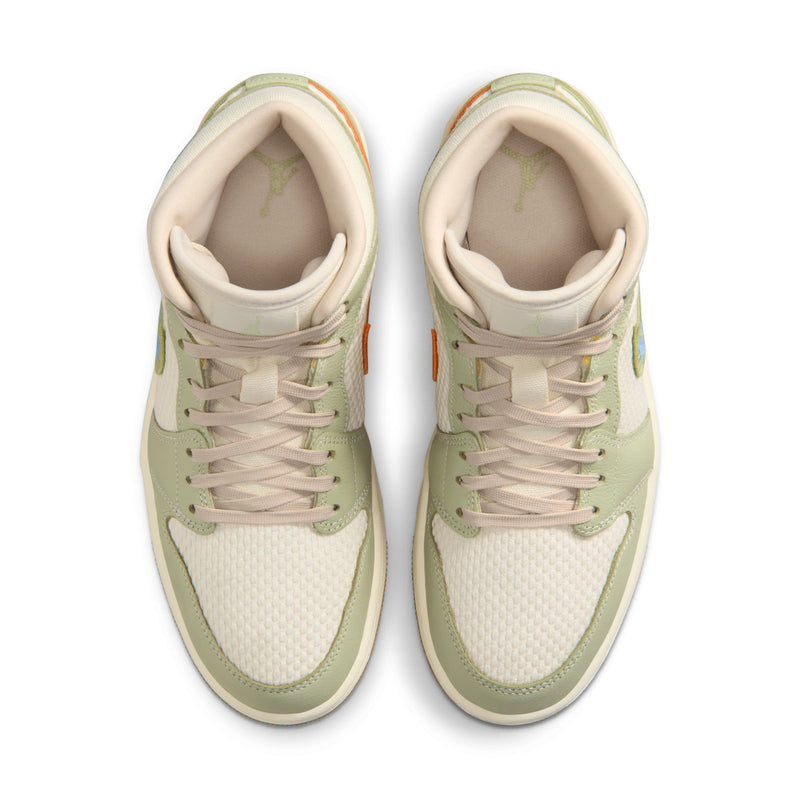 Pair of women’s mid-top sneakers showing laces, white lining, and olive overlays