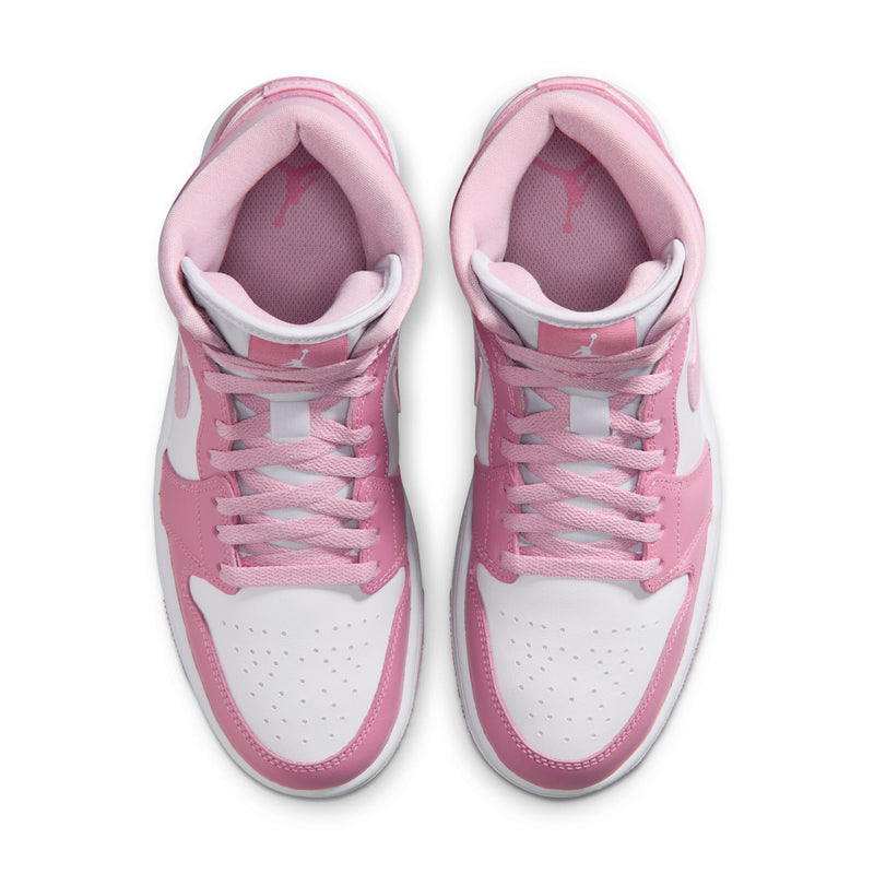 Women’s Air Jordan 1 Mid sneakers, pink and white with padded collar and lace-up front