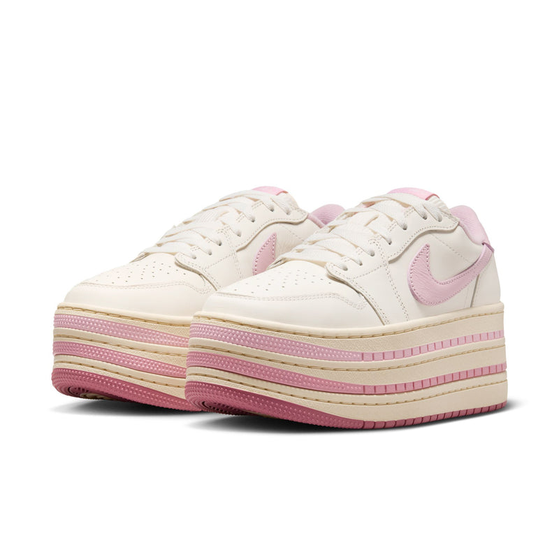 Pair of pale ivory and pink low-top sneakers with layered platform sole