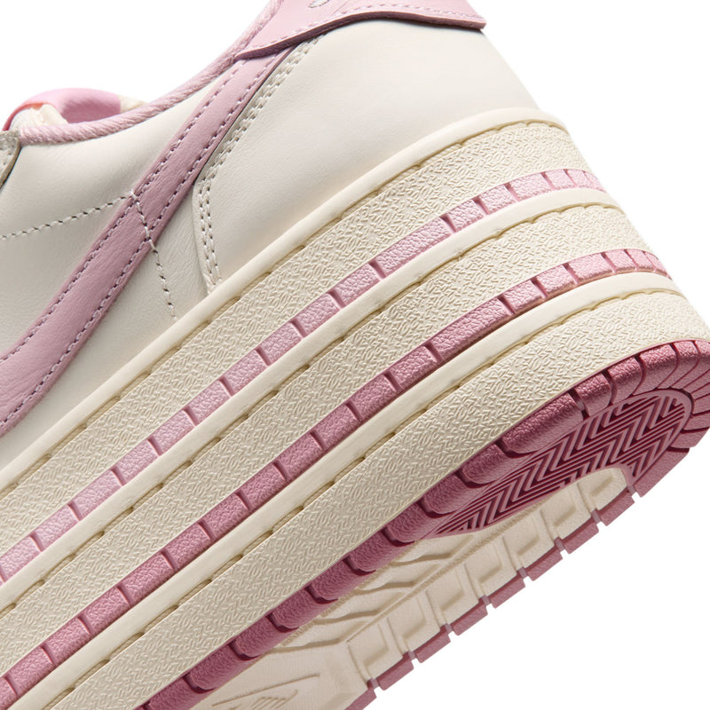 Close-up of stacked stripe platform sole on pale ivory and pink sneakers