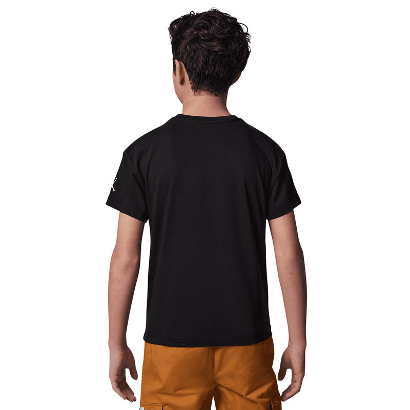 Black youth crewneck t-shirt back view with small logo on left sleeve